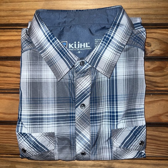 Kuhl Pearl Snap Shirt Mens Medium Blue Eluxur Plaid Short Sleeve Outdoor Casual - Picture 10 of 10